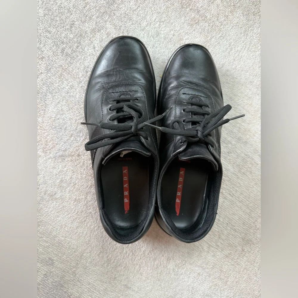 Prada Men’s Leather Sneakers (Black – Linea Rossa) - Picture 4 of 13